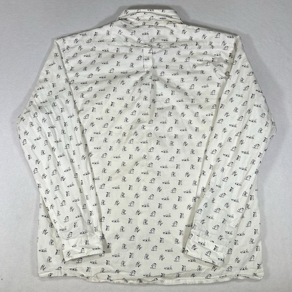Far Afield Mens‎ Large Button Up Shirt Drunk Bear Print Ivory Long Sleeve Size 3 - Picture 3 of 6